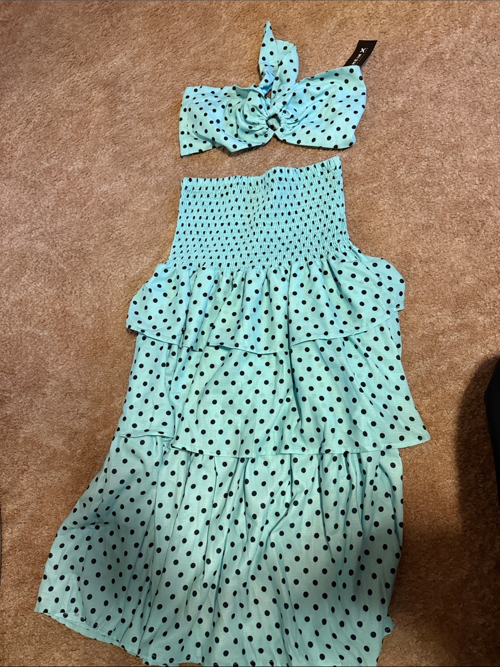 SHEIN Mint Green Polka Dot Tiered Skirt and Knotted Bandeau Set